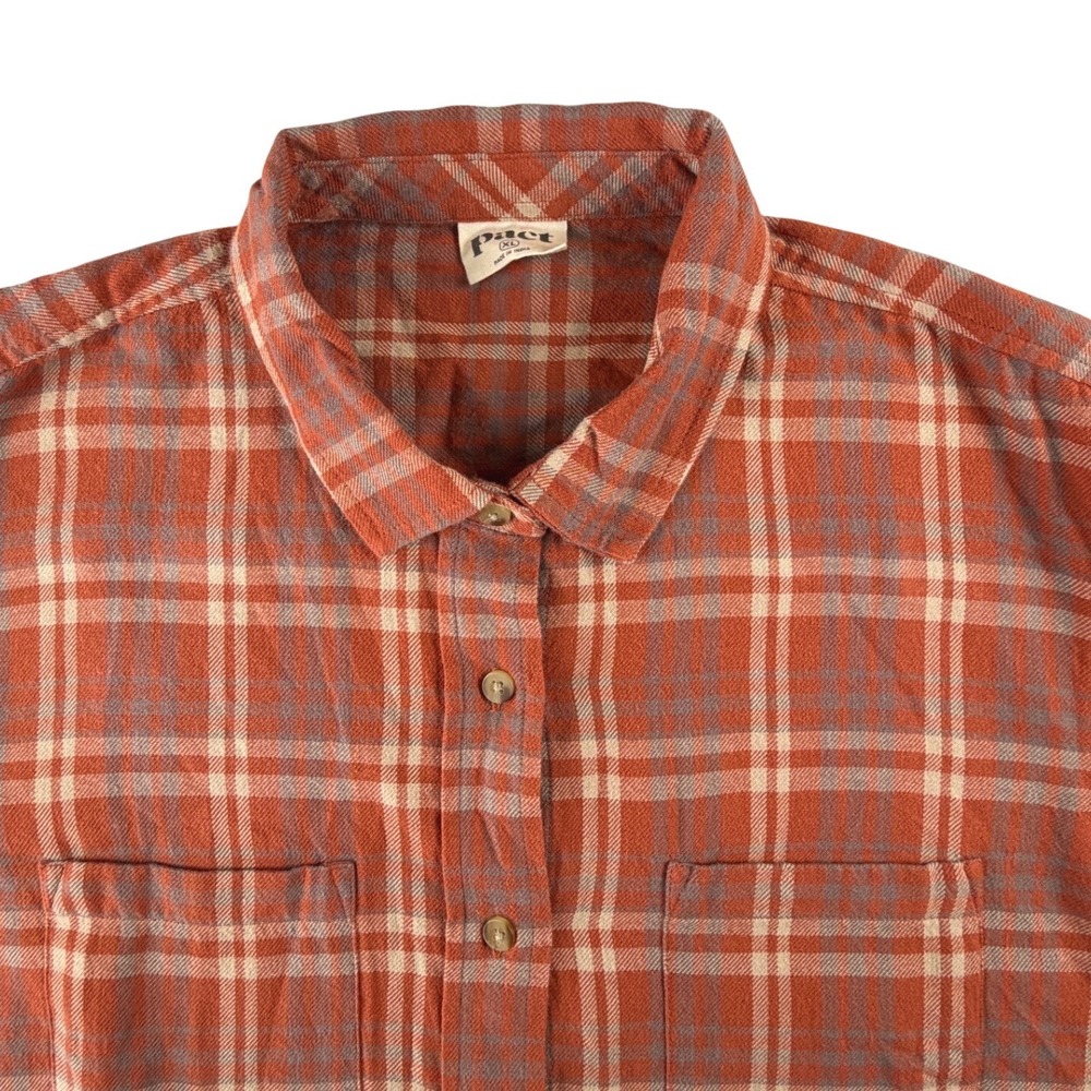 Pact Mens XL Organic Cotton Flannel Shirt Rust Orange Plaid Long Sleeve